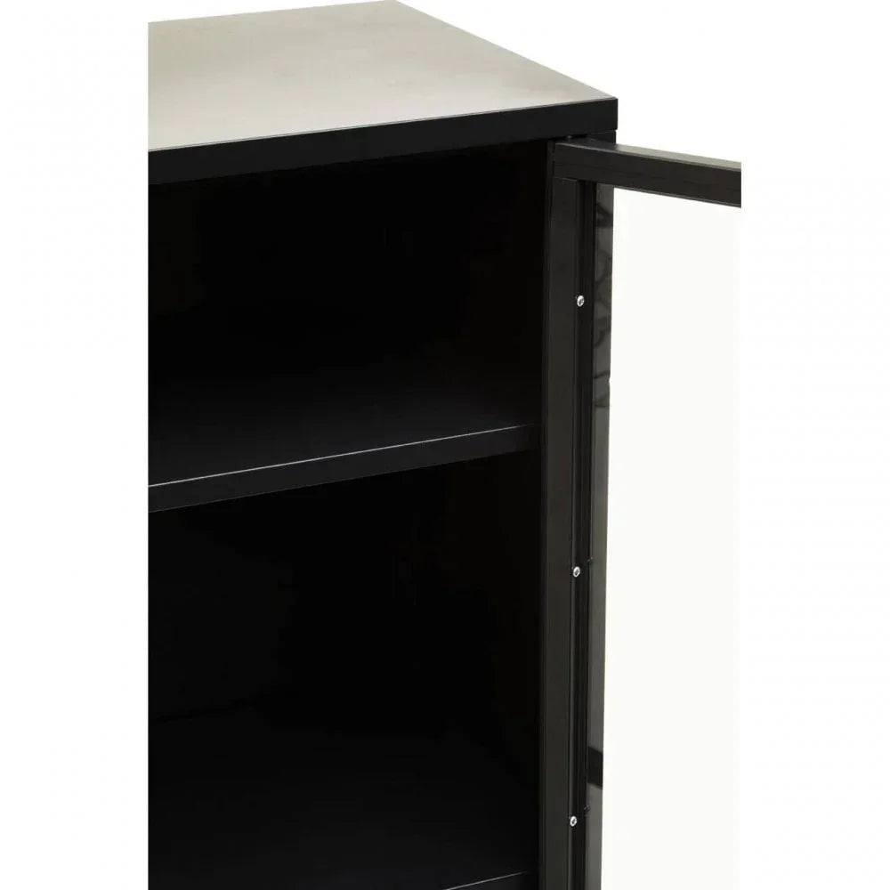 Black storage cabinet with metal frame and open shelving, door partially open