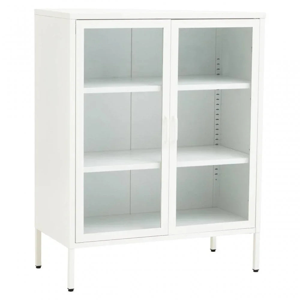 White storage cabinet with glass doors and adjustable shelves on metal legs