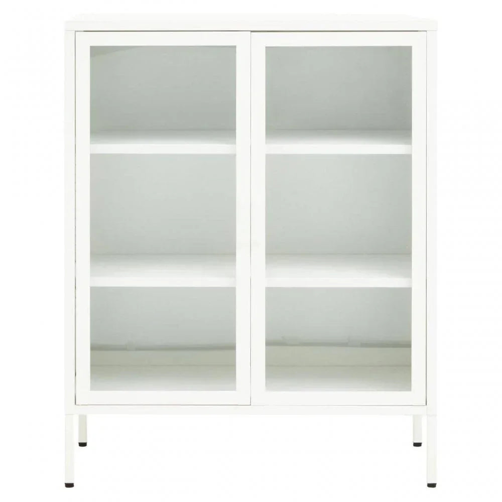 White display cabinet with glass doors and three shelves, front view
