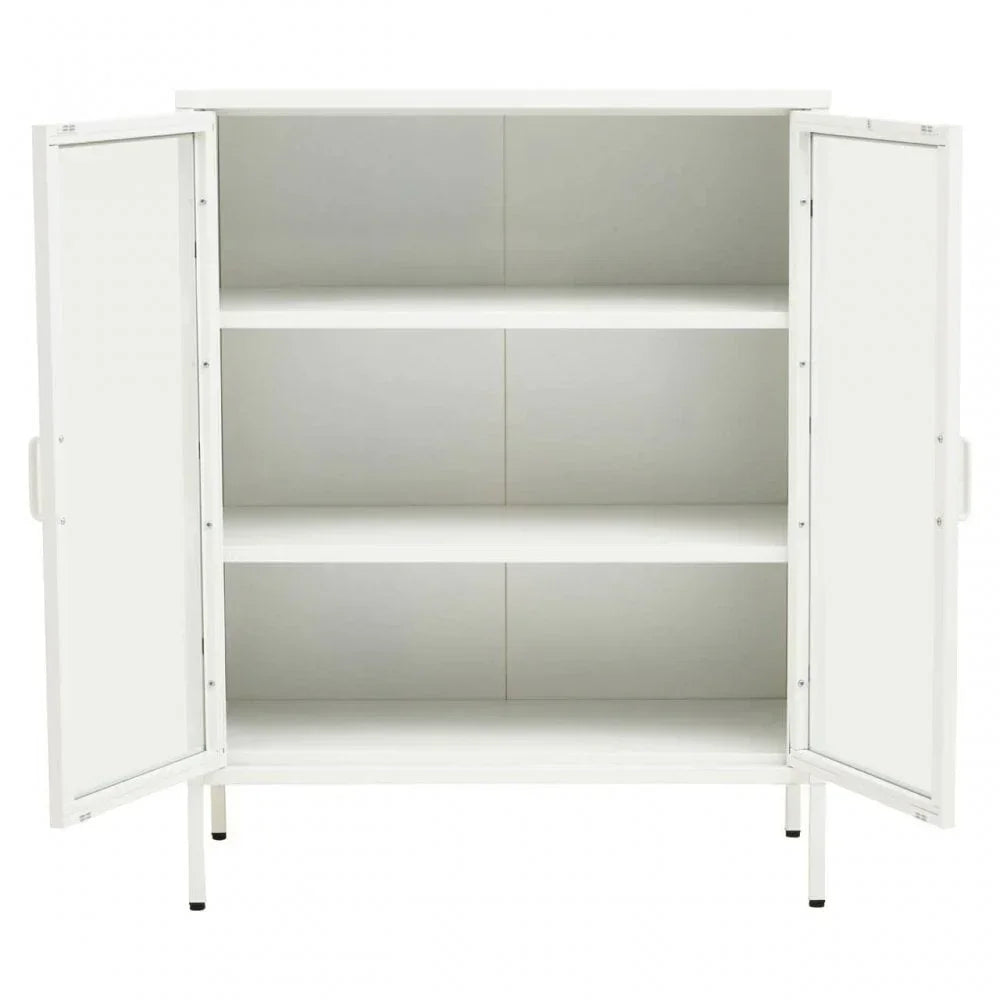 White storage cabinet with two doors open and three spacious shelves, front view