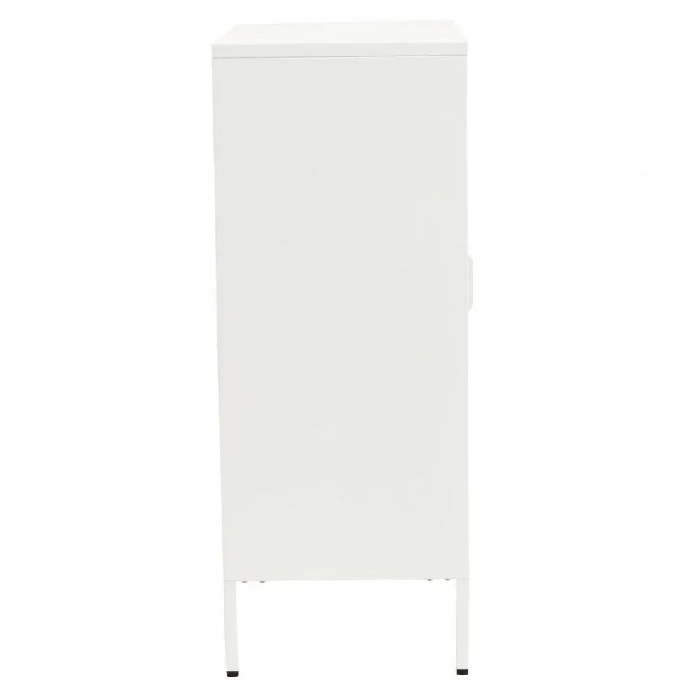 White storage cabinet shown from the side on slim legs, minimal design