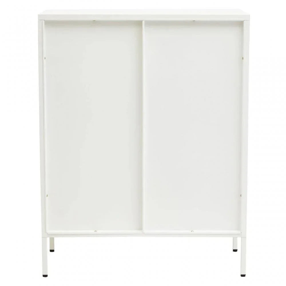 White cabinet with sliding doors and slim metal legs, shown from the front