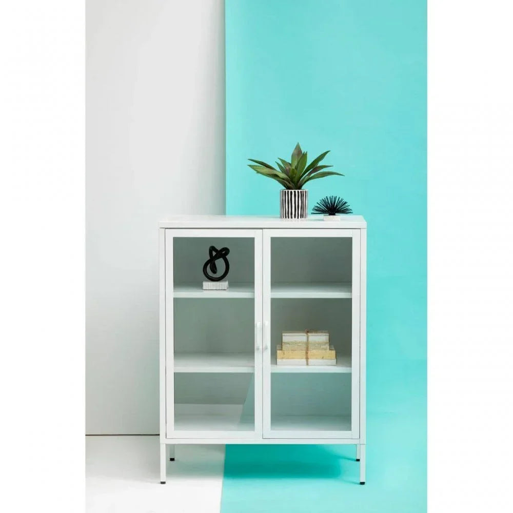 White display cabinet with glass doors, shelves, potted plant and decor accents on top