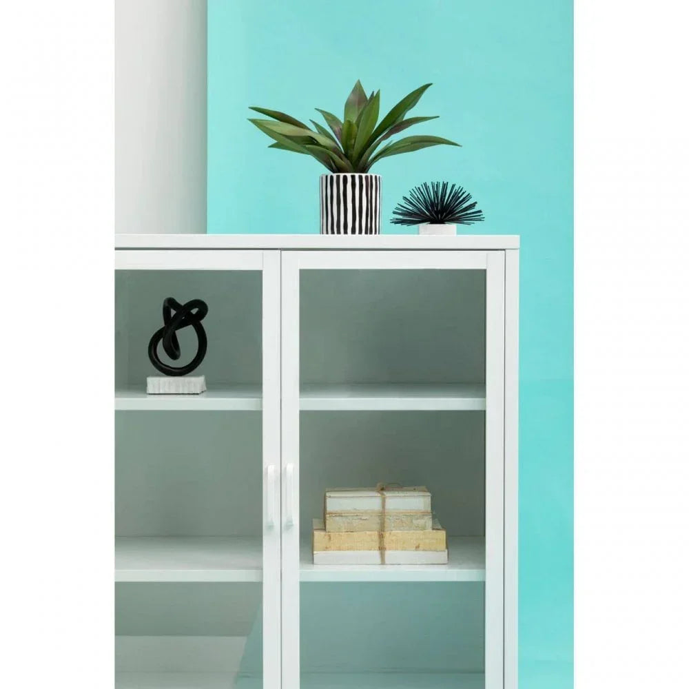 White display cabinet with glass doors, decorative plant, books and ornaments on shelves