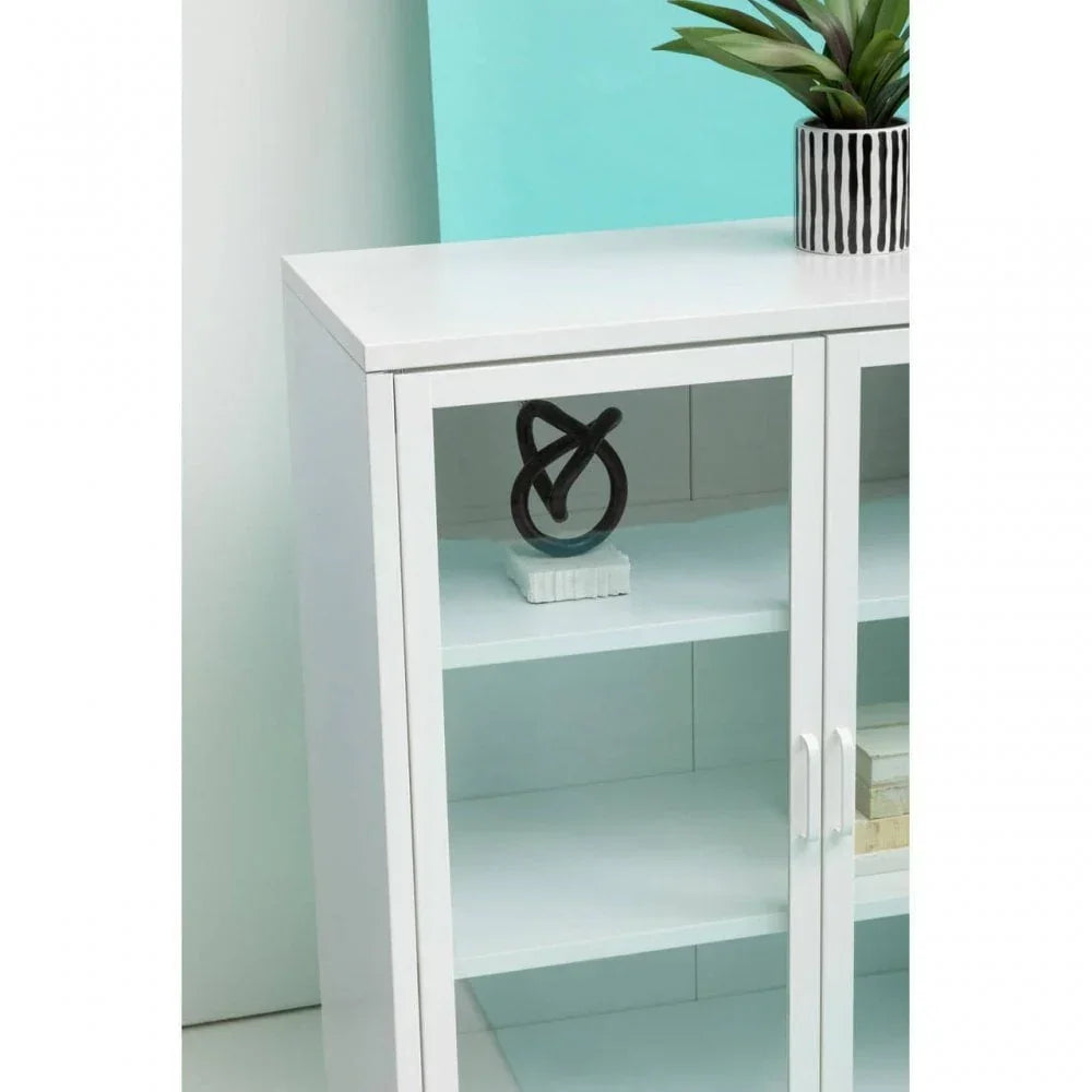 White glass display cabinet with shelves, potted plant and decorative ornament on top