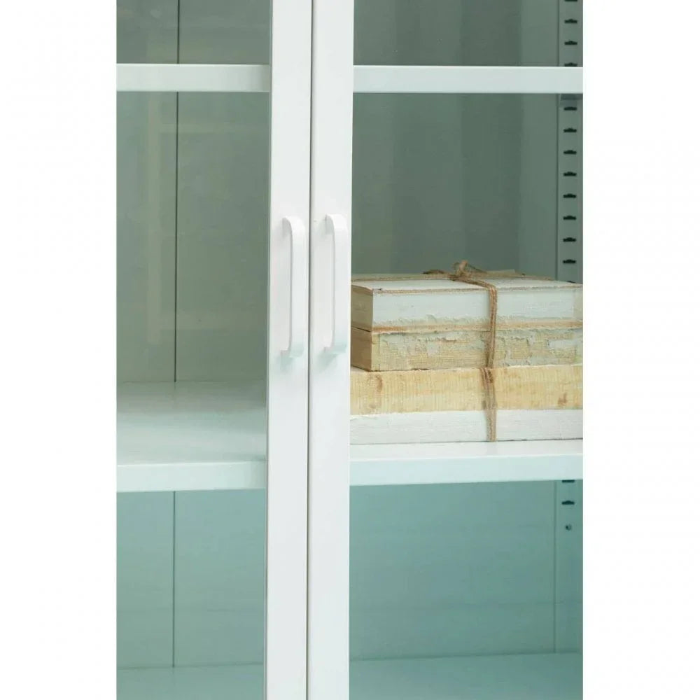 White display cabinet with glass doors and shelves, wooden box tied with string inside