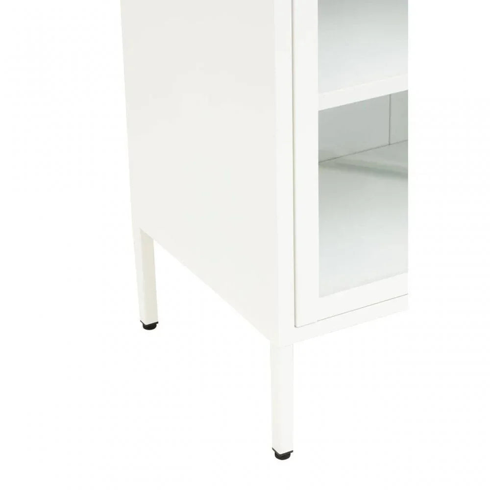 White storage cabinet with metal legs and glass panel door, side angle view