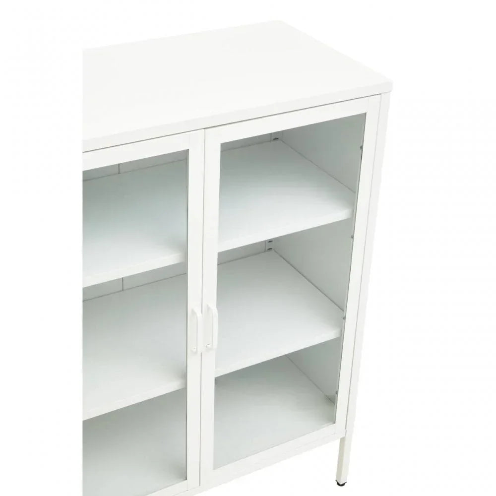 White storage cabinet with glass doors and metal shelves, angled view