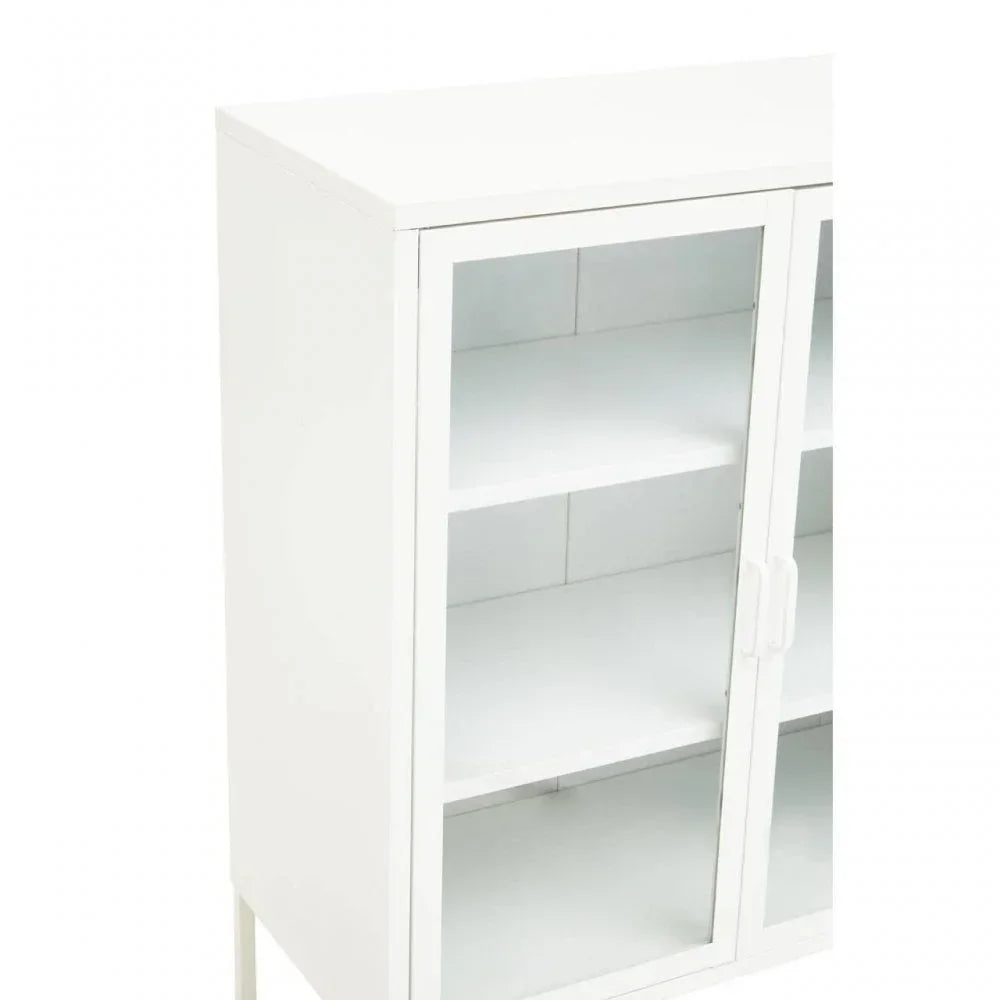 White storage cabinet with glass doors and interior shelves, angled front view