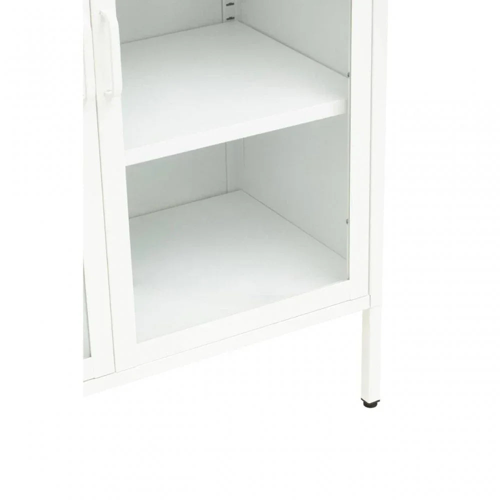 White storage cabinet with glass door and two adjustable shelves, close-up view