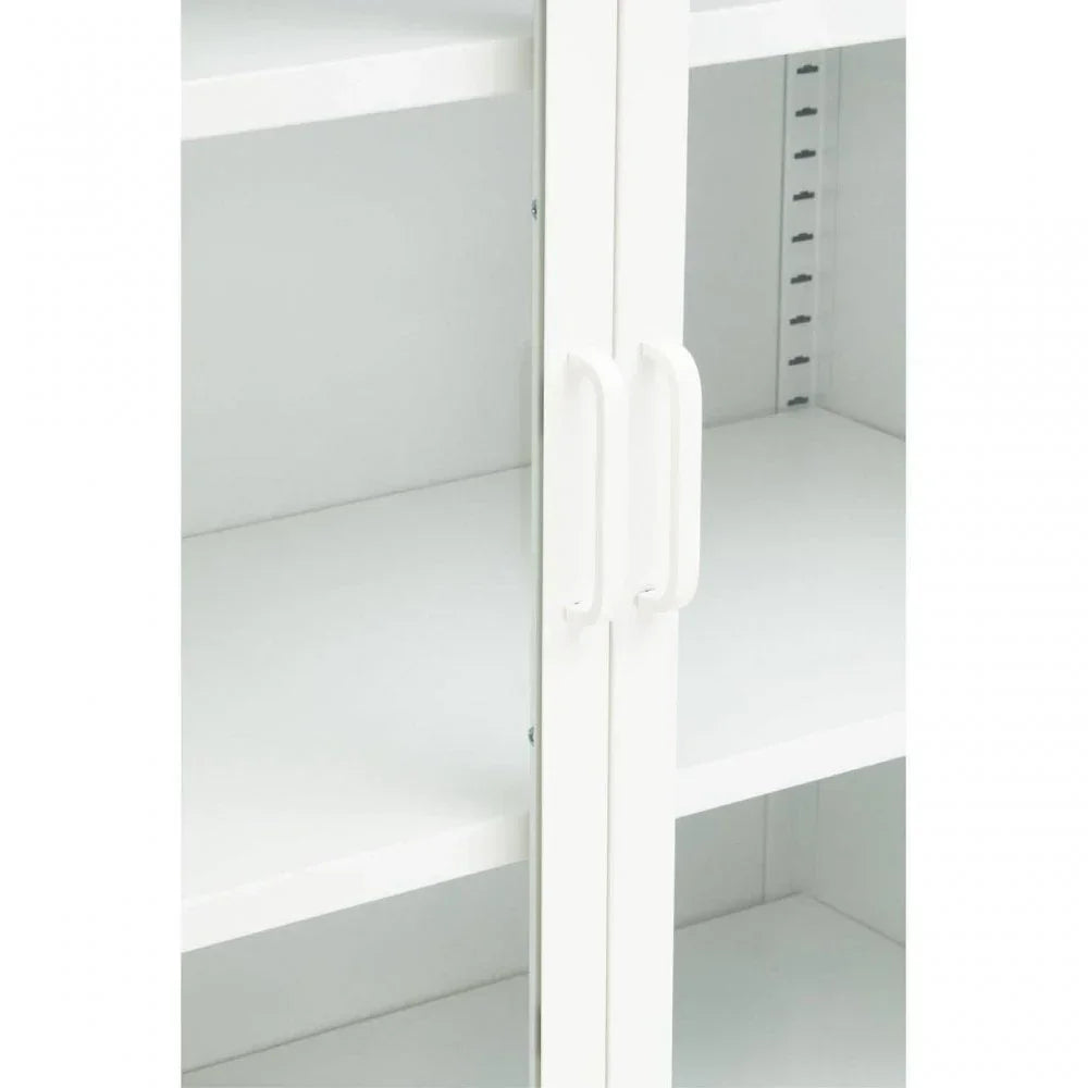 White storage cabinet with double doors and adjustable shelves close-up