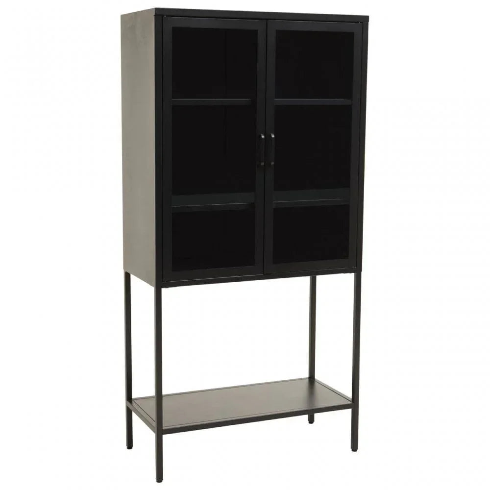Black metal display cabinet with glass doors, three shelves and lower open shelf