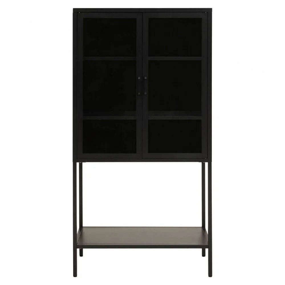 Black metal display cabinet with glass doors and open lower shelf, front view