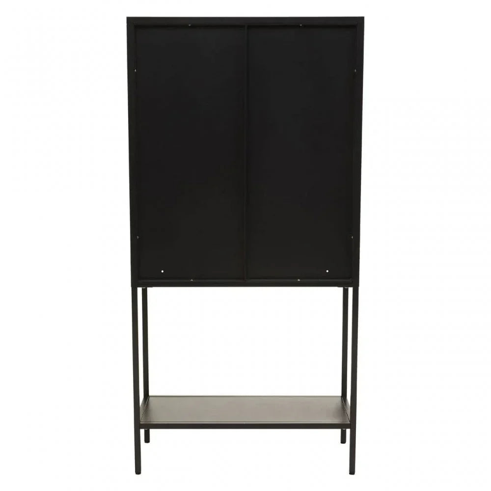 Black metal storage cabinet rear view with lower open shelf and slim frame