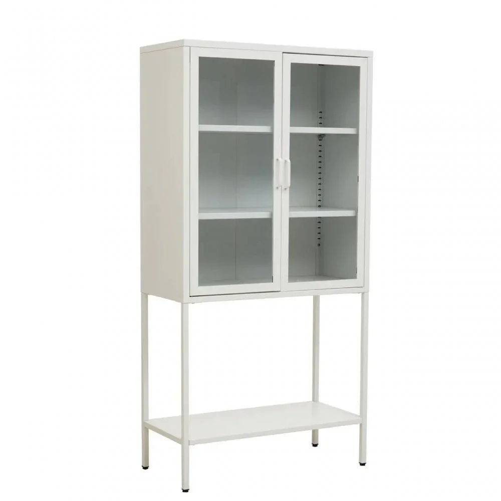 White display cabinet with glass doors, three interior shelves, and open lower storage shelf