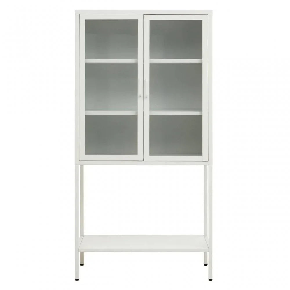 White display cabinet with glass doors, three interior shelves and lower open storage shelf