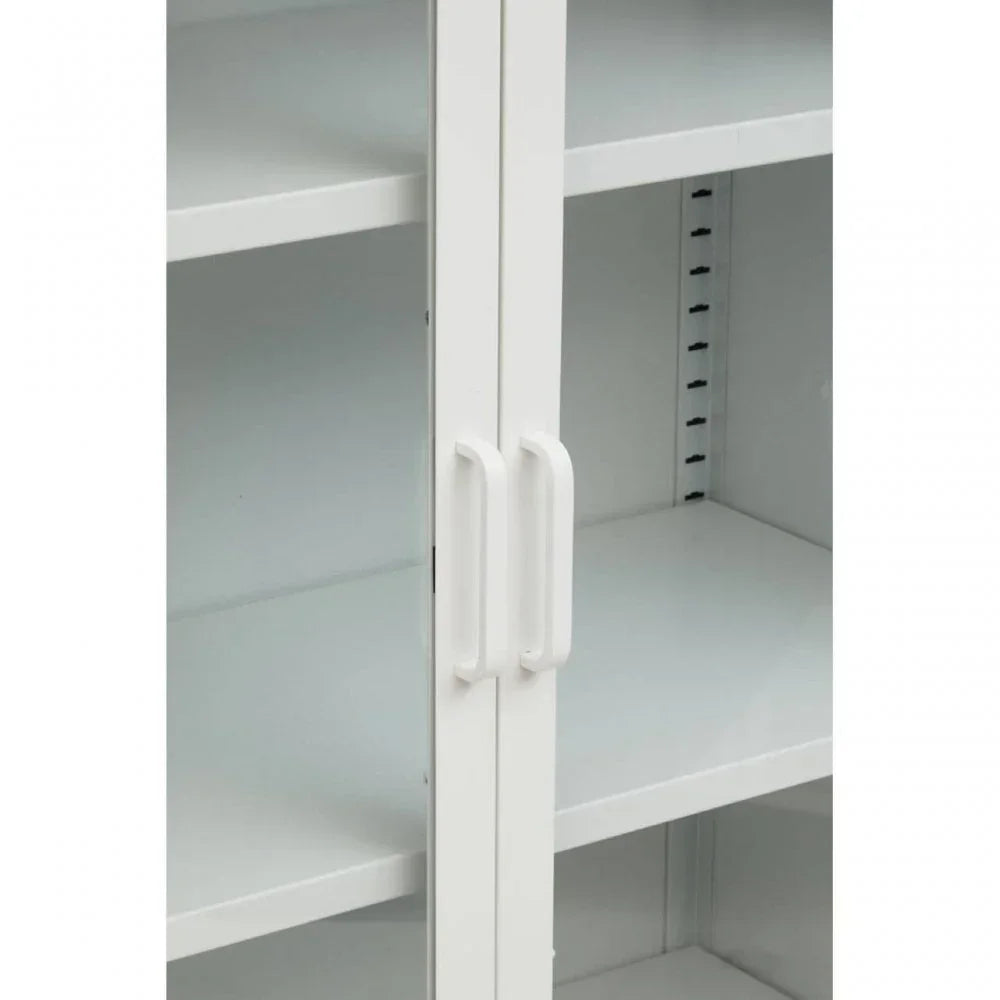White storage cupboard with double doors and adjustable shelves, close-up on handles