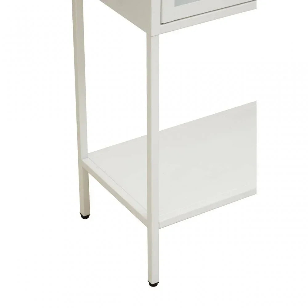 White metal side table with shelf and square legs, corner detail view