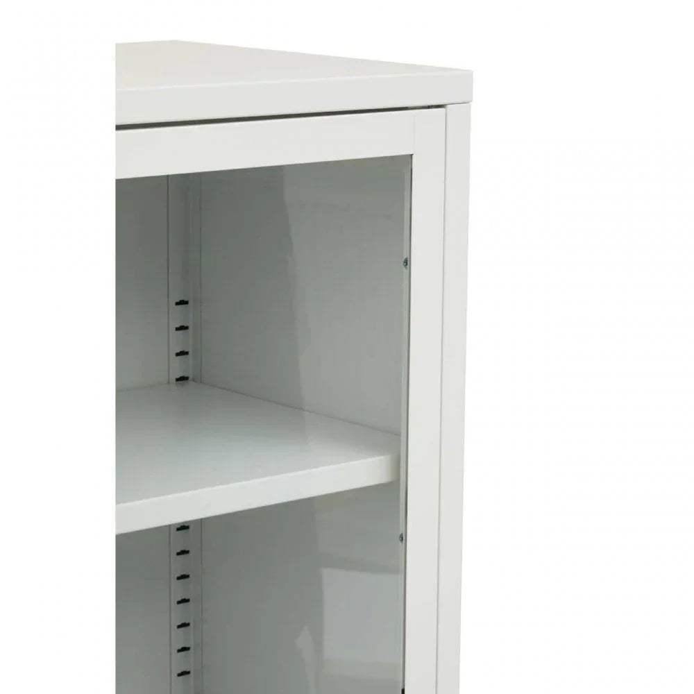 white cabinet closeup with adjustable shelf and clean minimalist design
