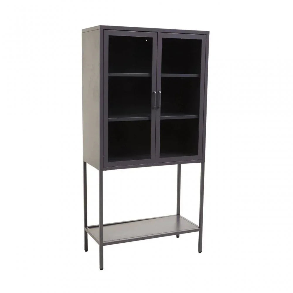 Black metal display cabinet with glass doors, shelves, and lower open storage shelf