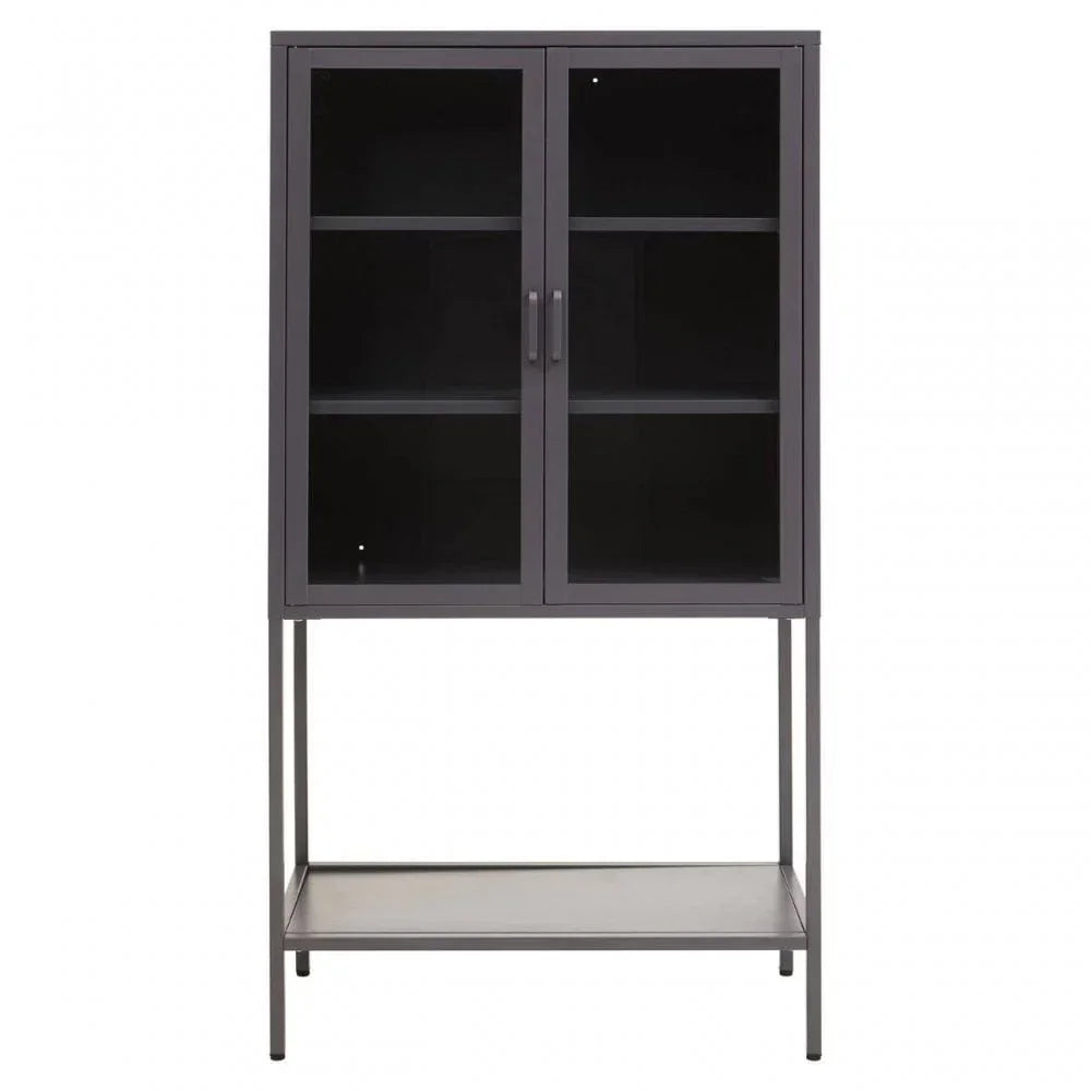 Black metal display cabinet with glass doors, three shelves and lower storage shelf