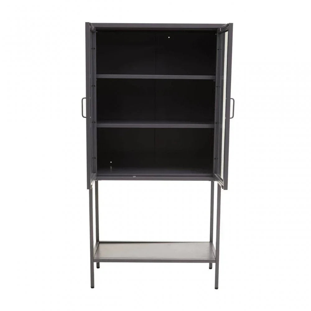 Black metal storage cabinet with glass doors, three shelves and open lower section