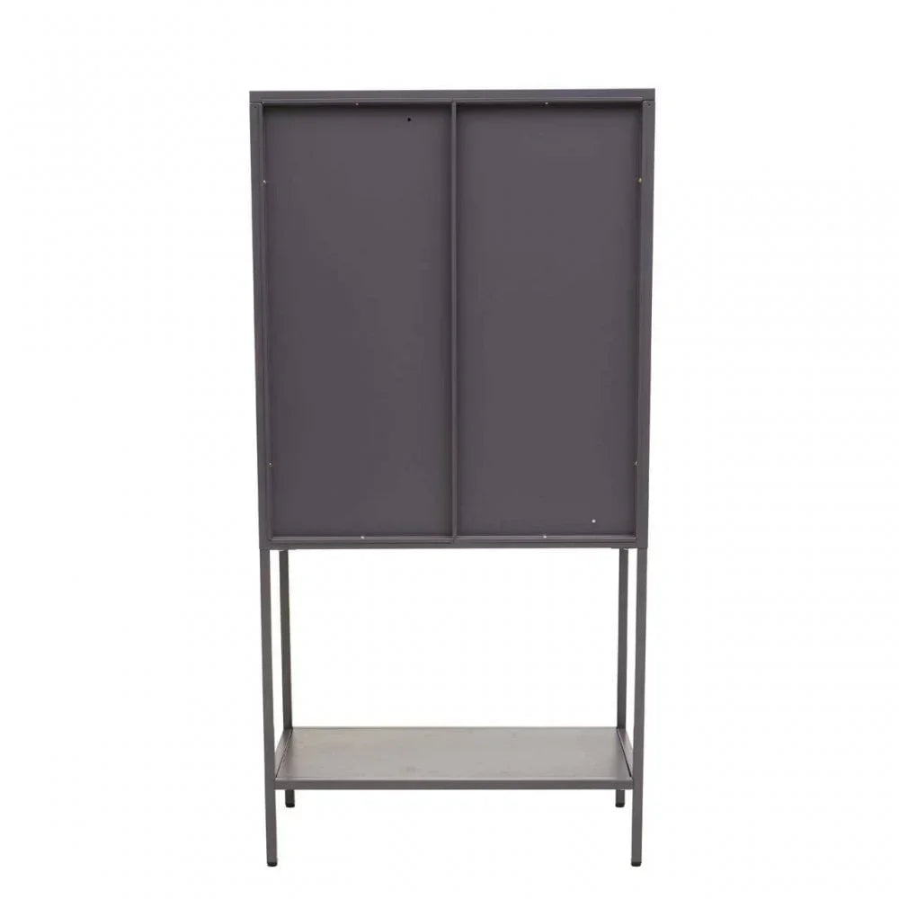 Rear view of grey metal storage cabinet with open lower shelf