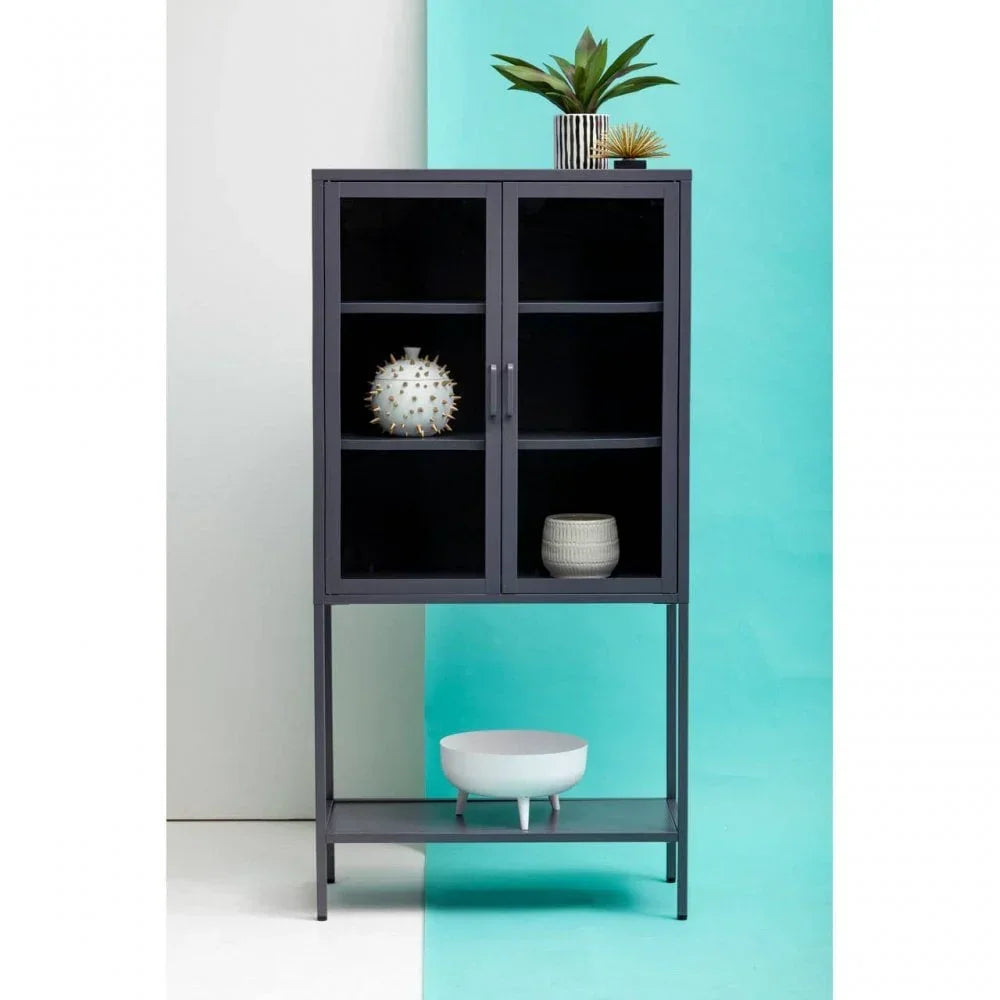 Black display cabinet with glass doors, metal frame, and decorative items on shelves
