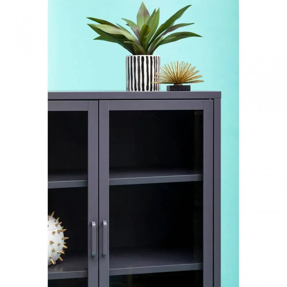 Grey metal display cabinet with glass doors, plant decor on top, teal wall background