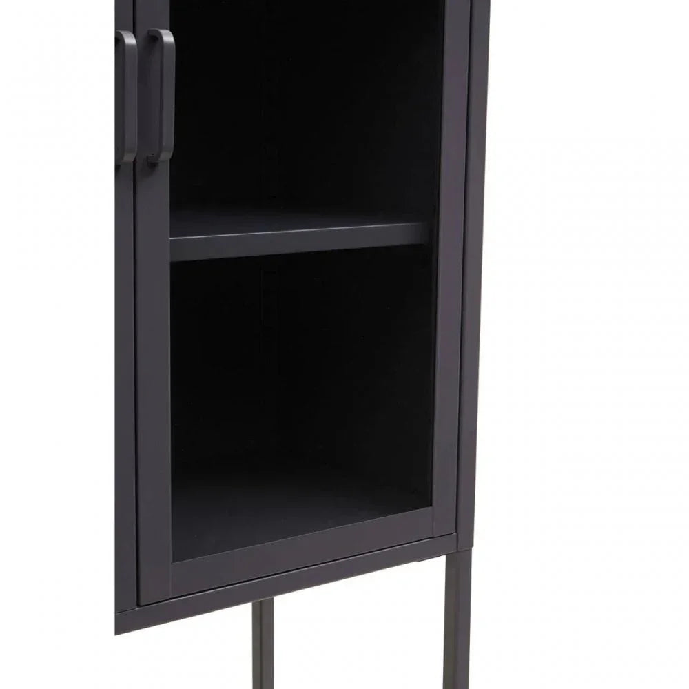 Black metal storage cabinet with front handles and interior shelf, shown in close-up view