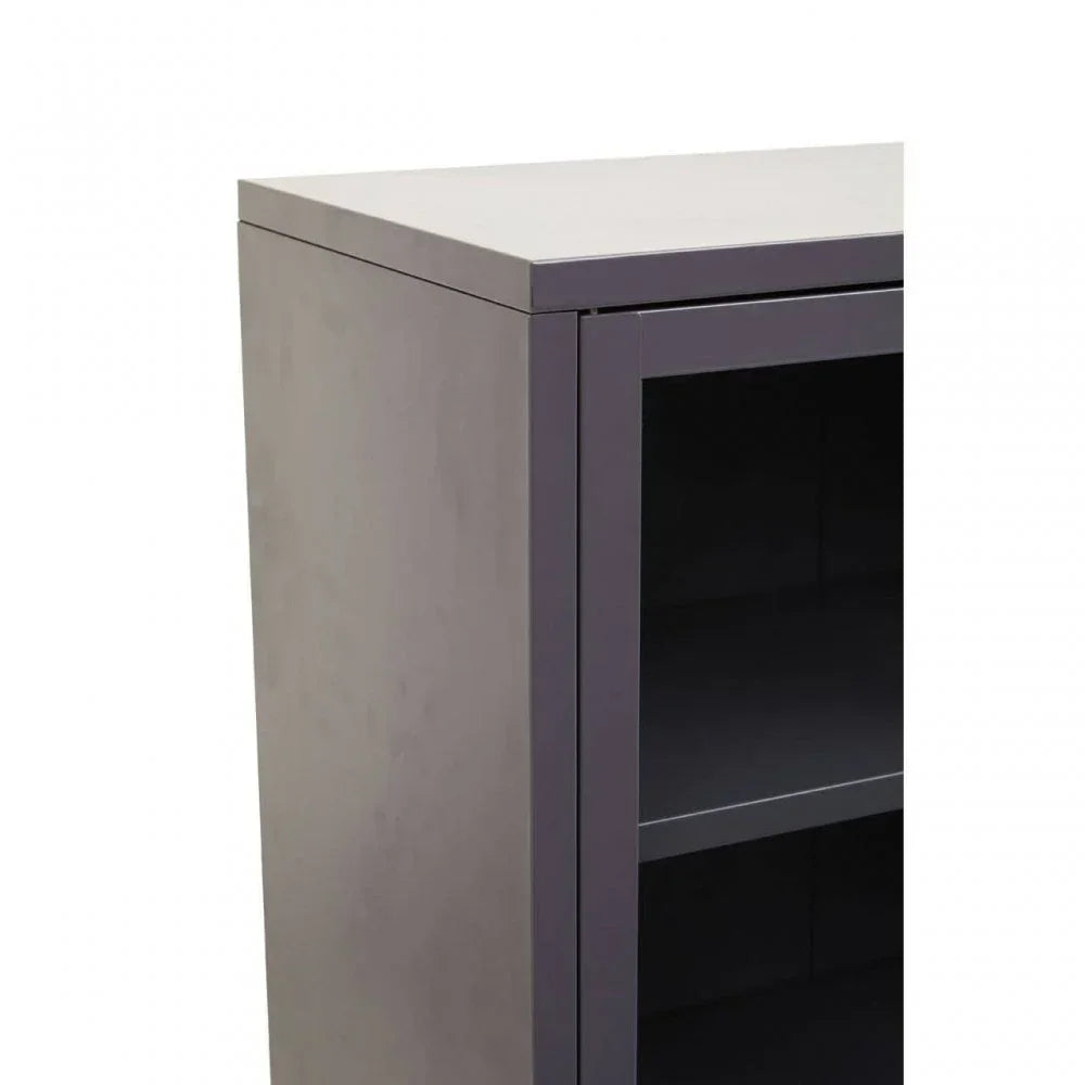 Closeup of modern black cabinet corner with open shelving and smooth matte finish