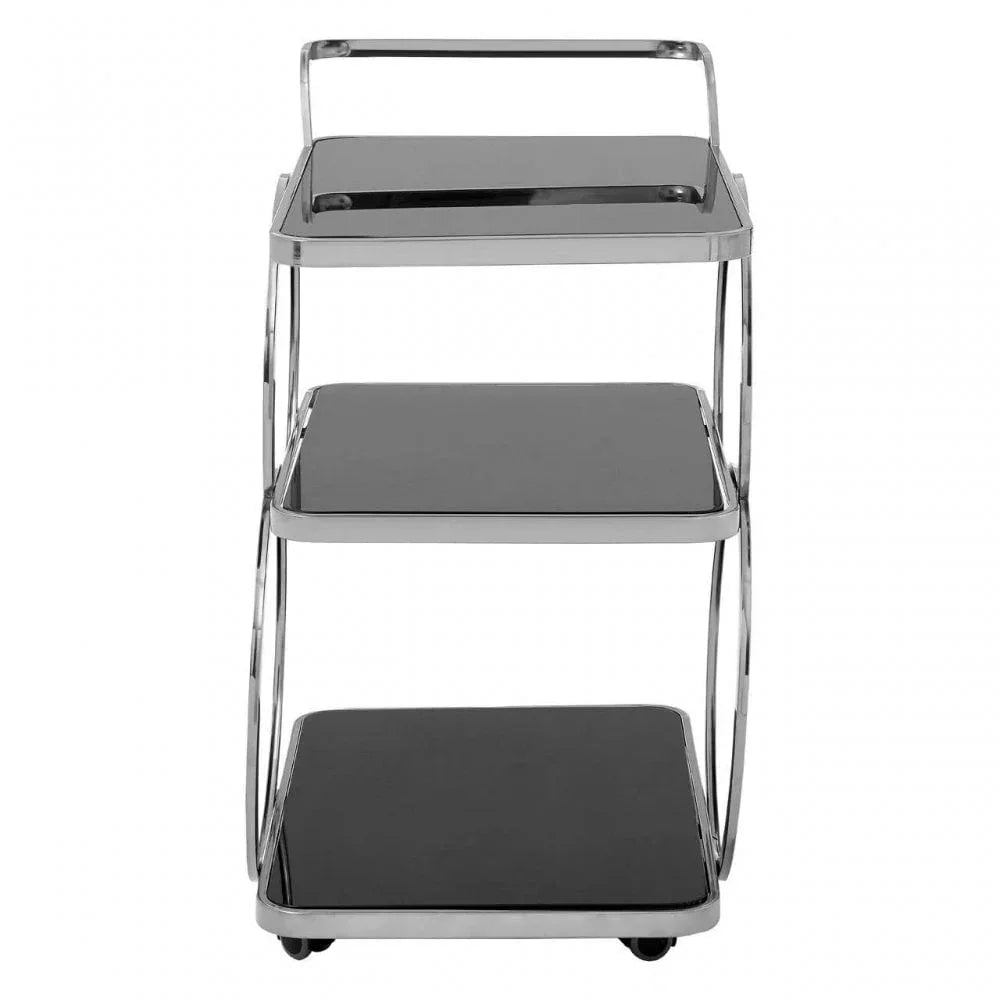 Three tier chrome and black glass drinks trolley with handle and castor wheels