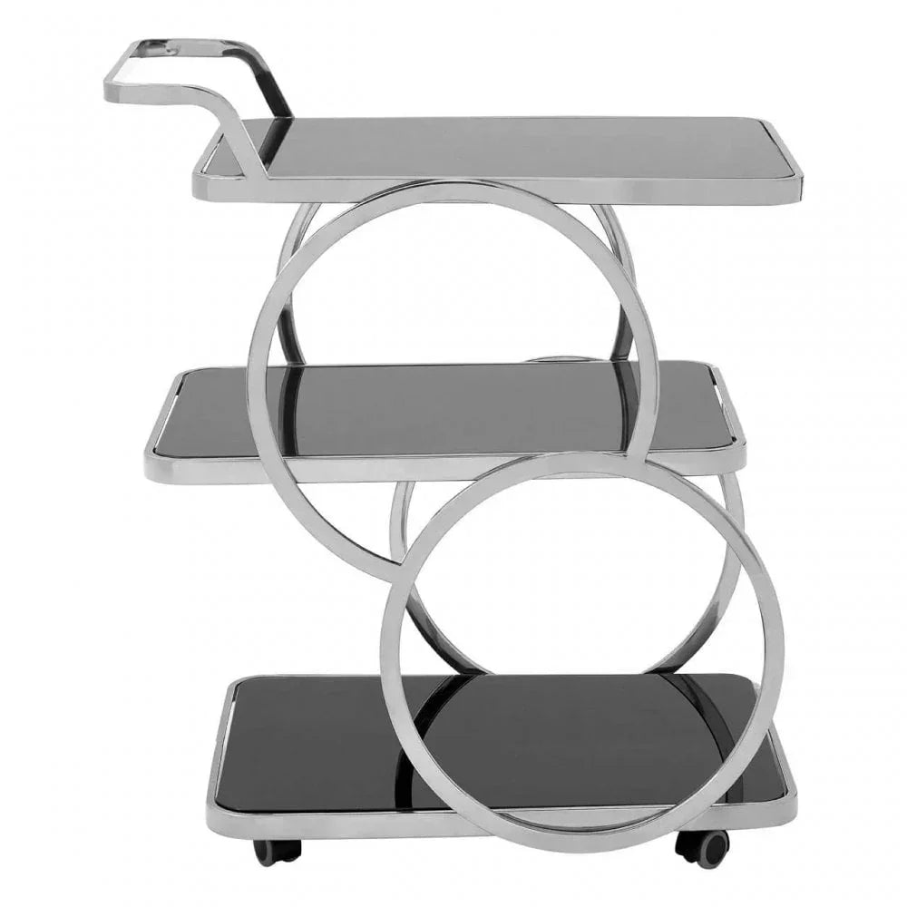Chrome and black glass drinks trolley with three shelves and circular frame design
