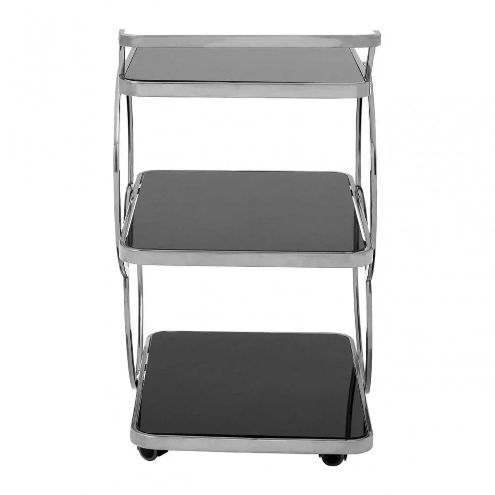Three tier black glass and chrome shelving unit with wheels, front view