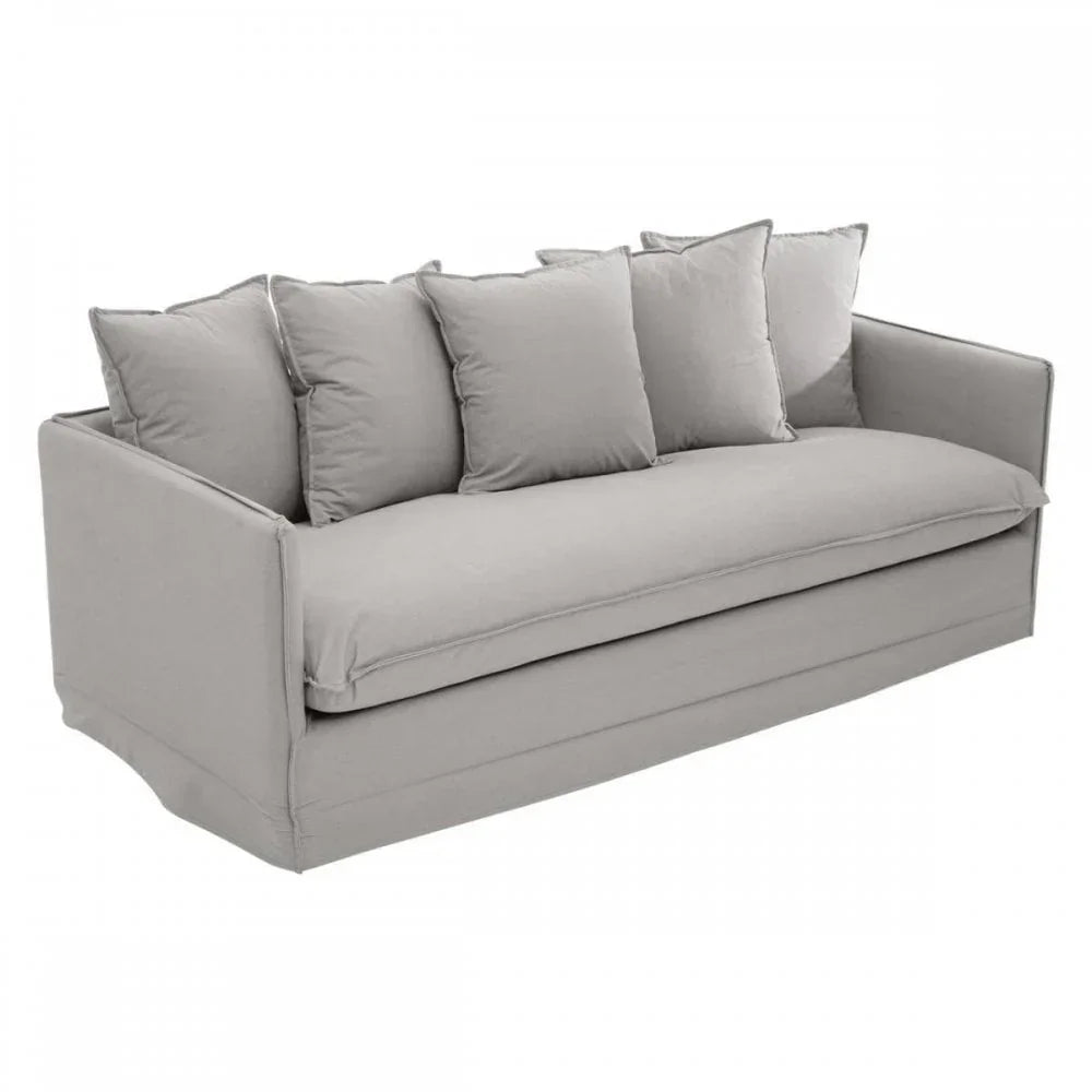 Light grey fabric sofa with five back cushions and straight arms, front angle view