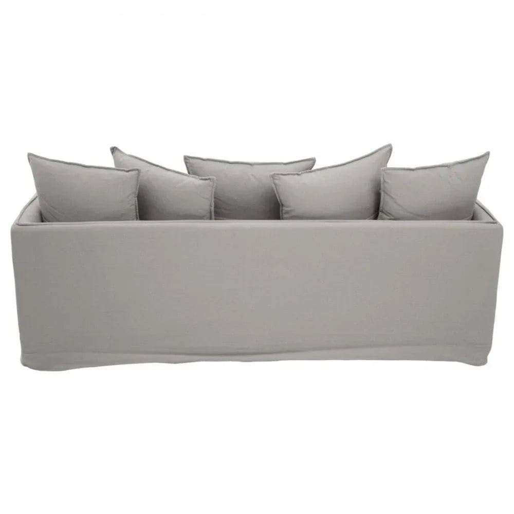 Light grey fabric sofa with five matching back cushions, front view