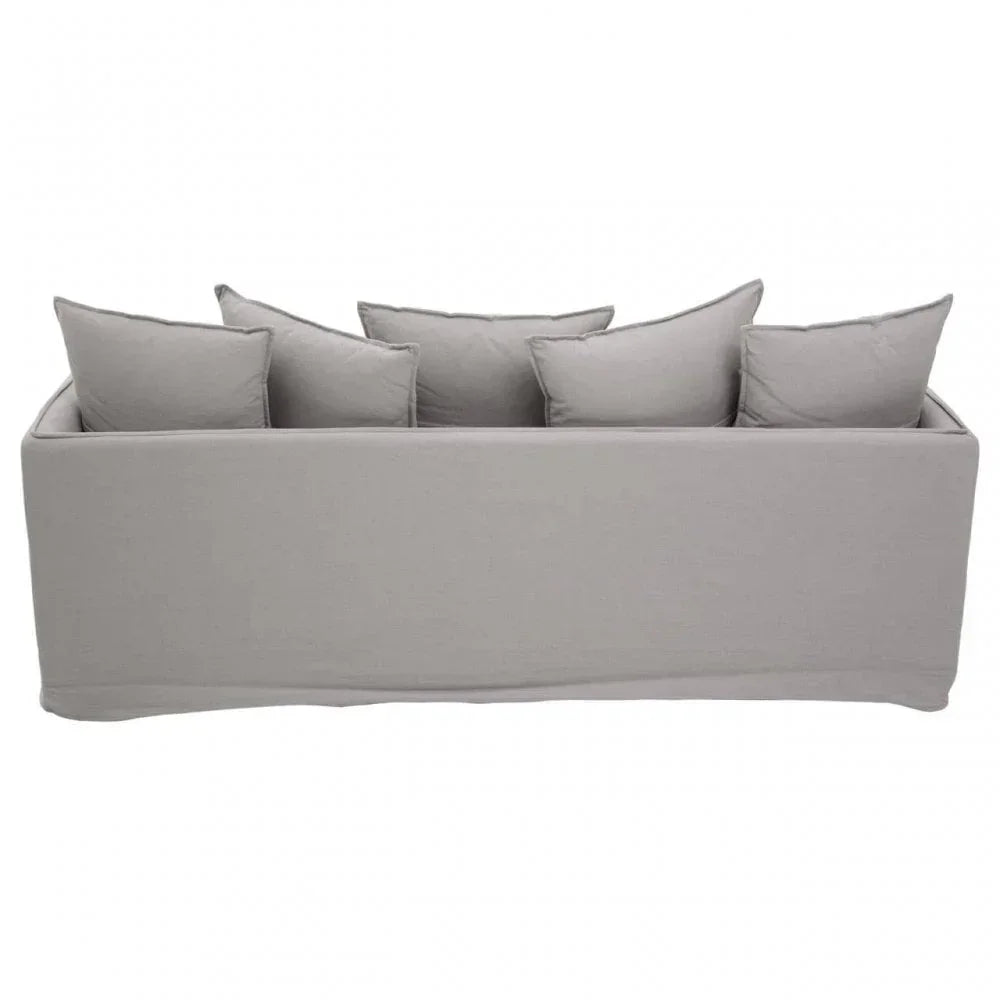 Light grey fabric sofa with five matching back cushions, front view