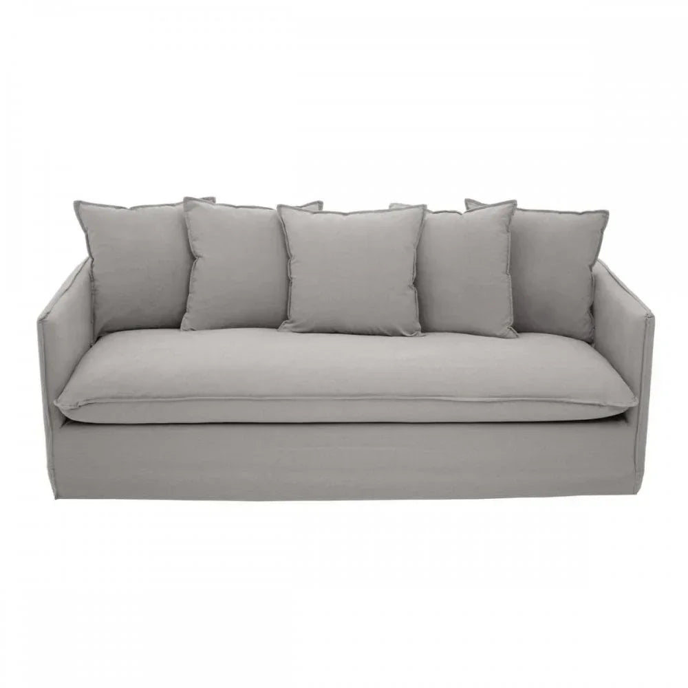 Light grey fabric sofa with five matching cushions, modern square arm design, front view