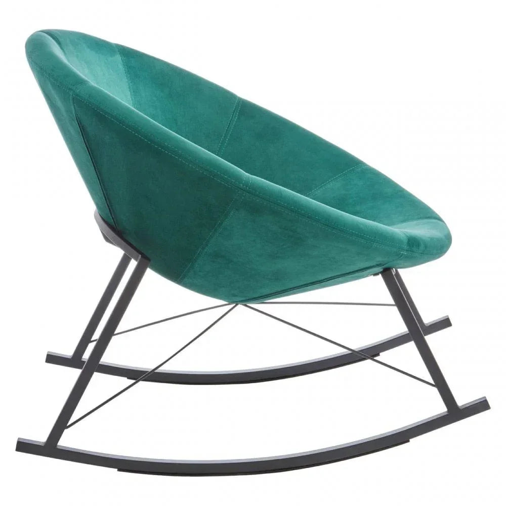 Green velvet accent rocker chair with round seat and black metal frame side view