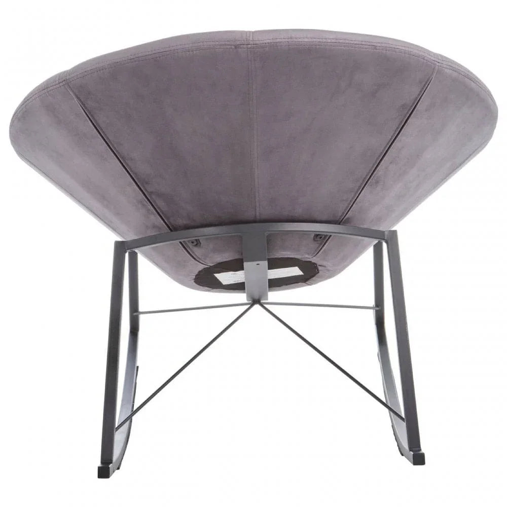 Grey accent chair with metal legs, rear view highlighting curved upholstered backrest