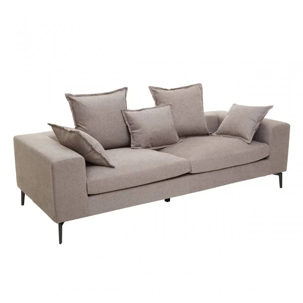 Modern taupe fabric sofa with five matching cushions and black metal legs