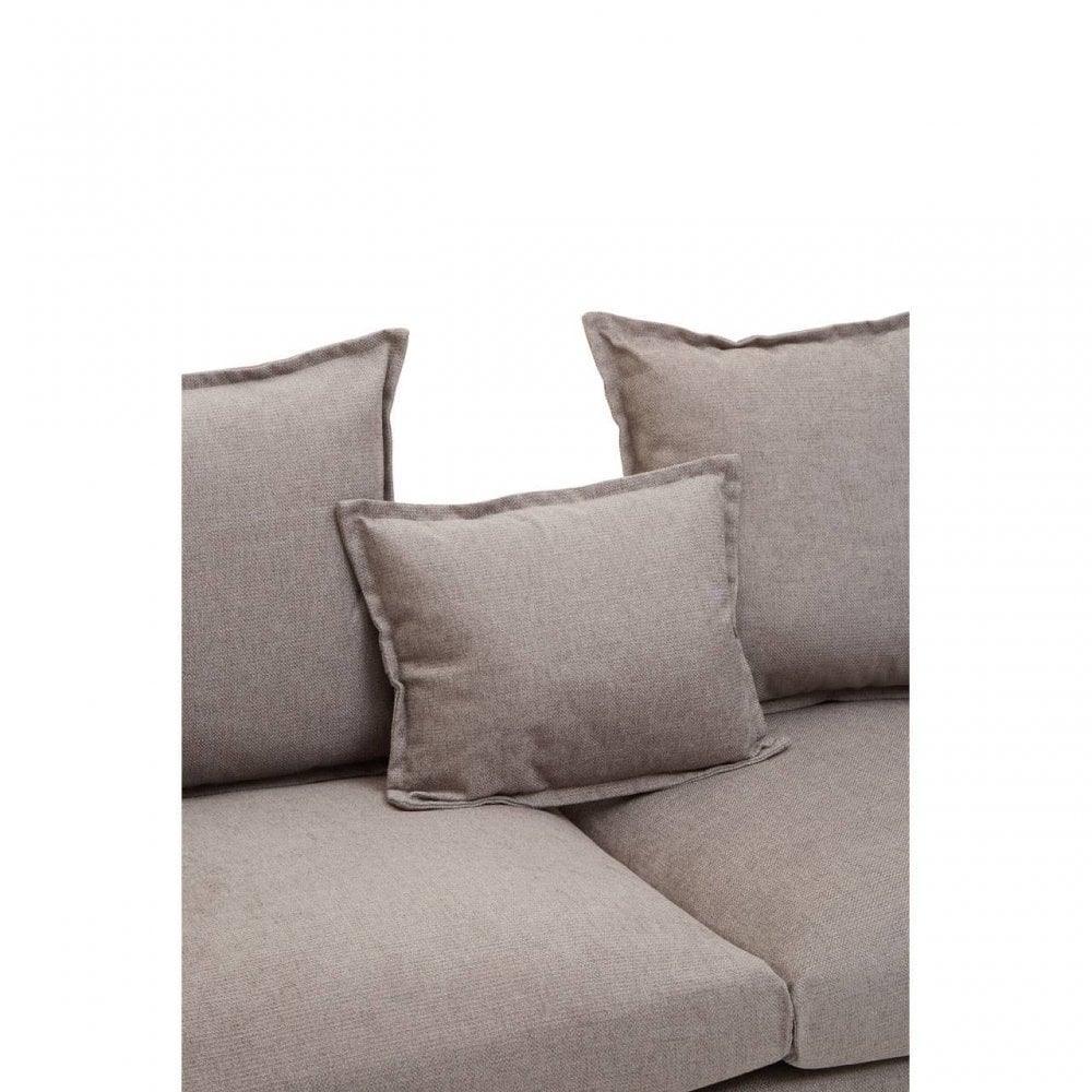 Close-up of grey fabric sofa cushions with square and rectangular pillow detail