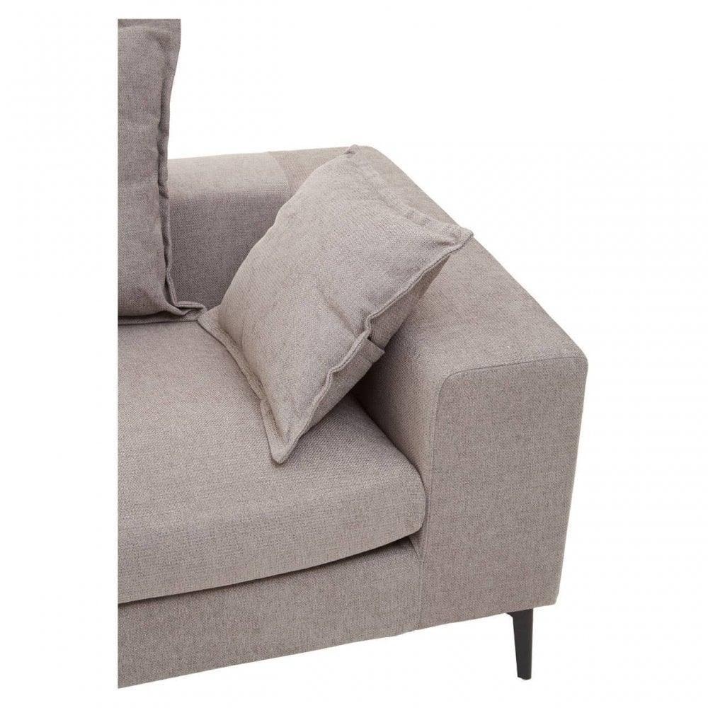 Light grey fabric sofa with scatter cushion and black leg, close-up corner view