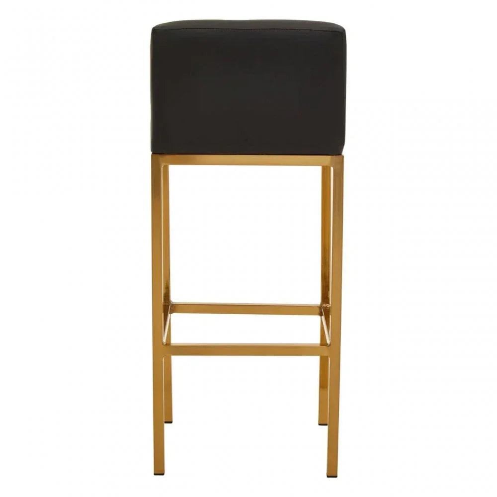 Black bar stool with gold metal frame and square padded seat, front view