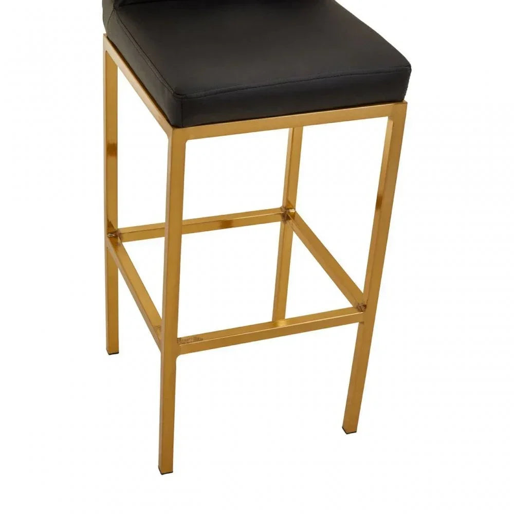 Black bar stool with gold metal frame and square cushioned seat