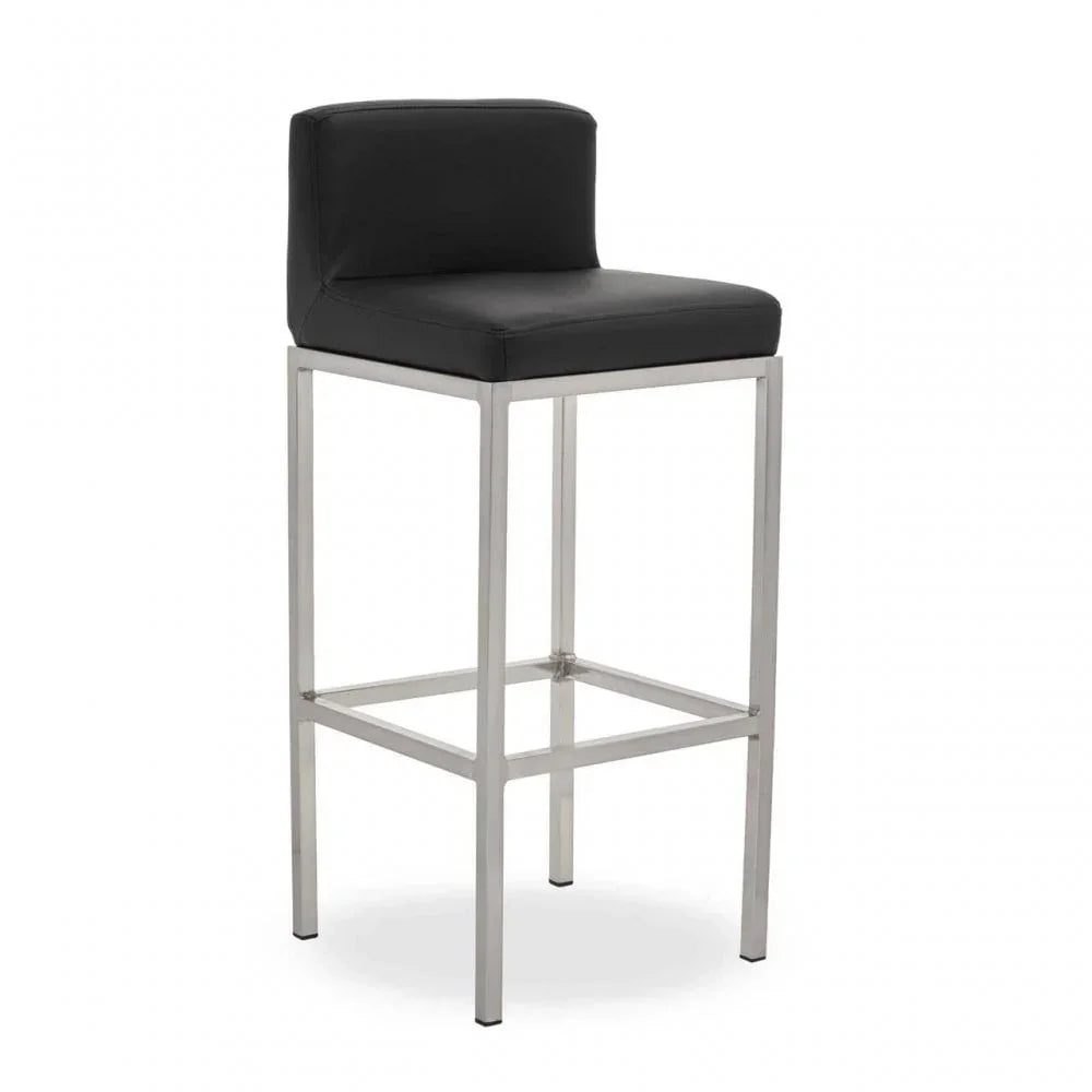 Black leather bar stool with chrome frame and low backrest, front angle view