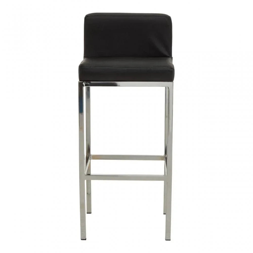 black bar stool with chrome metal legs and low backrest, front view