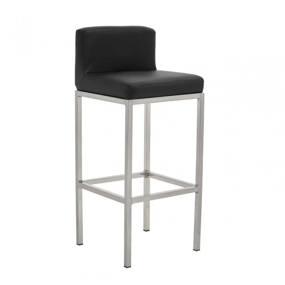 Black leather bar stool with chrome legs and low backrest