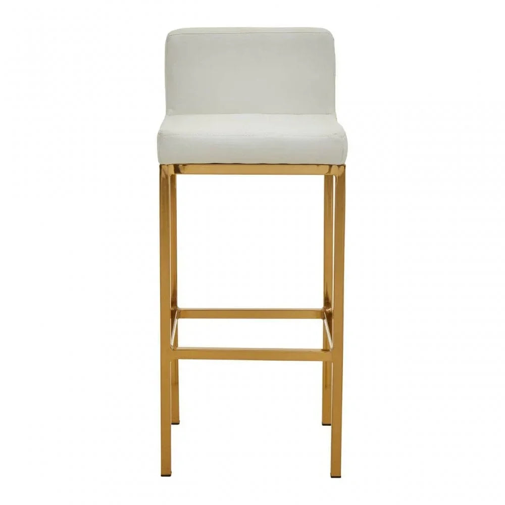 White bar stool with gold metal frame and low backrest, front view