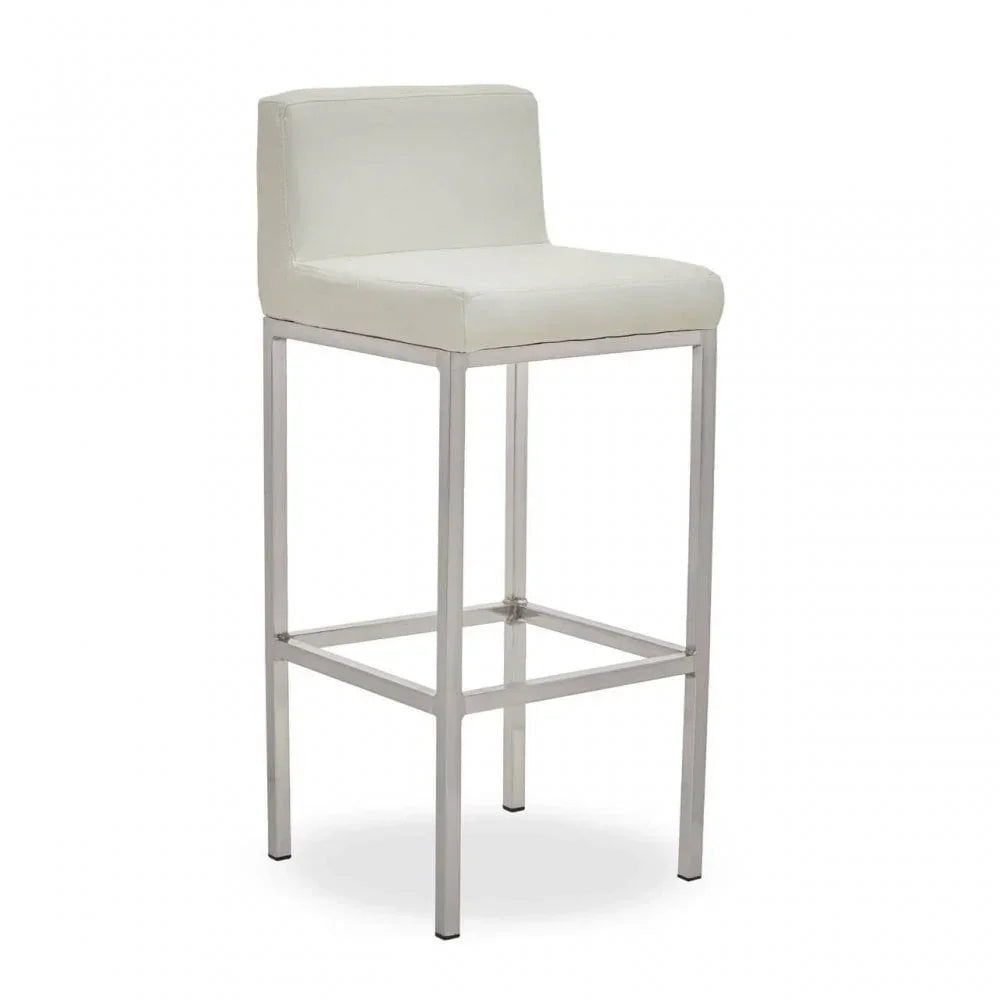 White bar stool with chrome metal frame and low backrest, photographed on white background